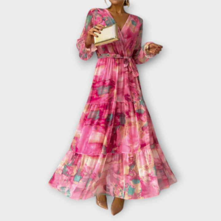 Elegant Women's Maxi Dress with Watercolor Pattern - Feminine Design for Special Occasions