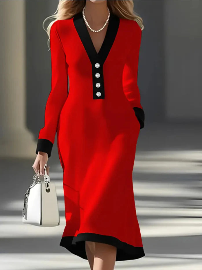 Elegant Long-Sleeve V-Neck Women's Midi Dress
