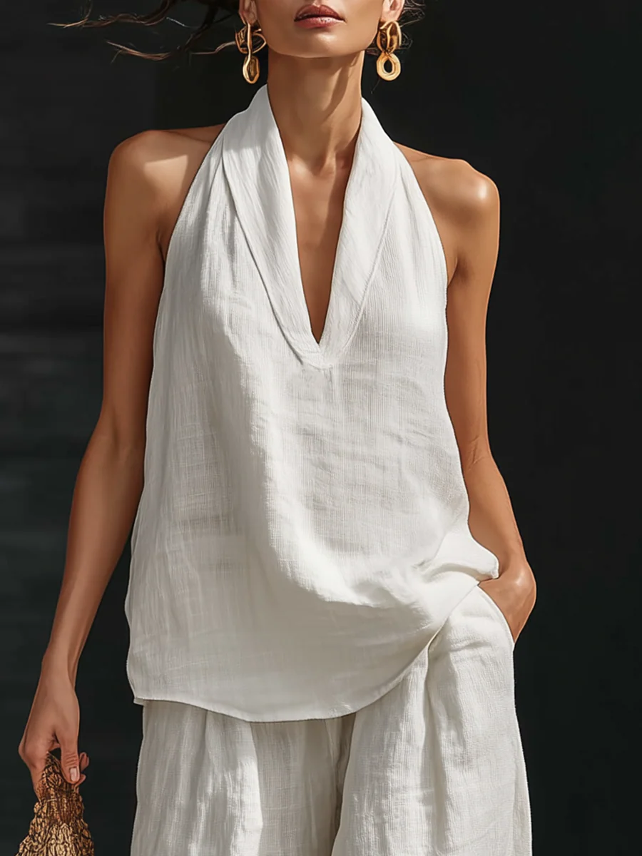 Elegant Sleeveless Women's Set with Wide Leg Pants