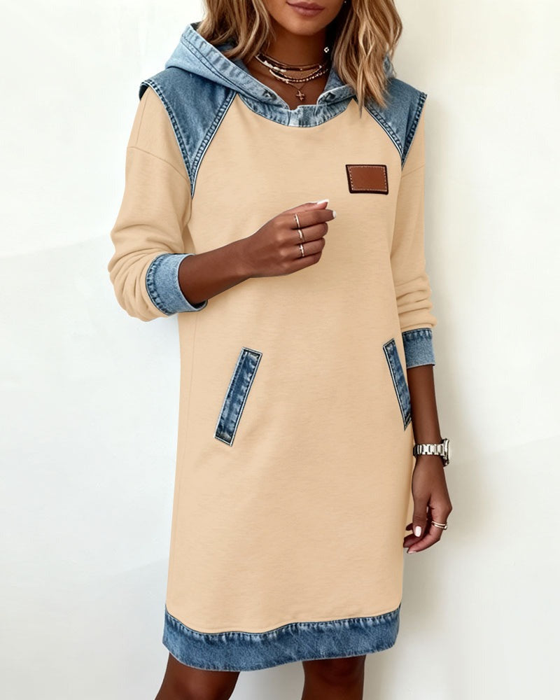 Women's Casual Hoodie Dress with Denim Inserts