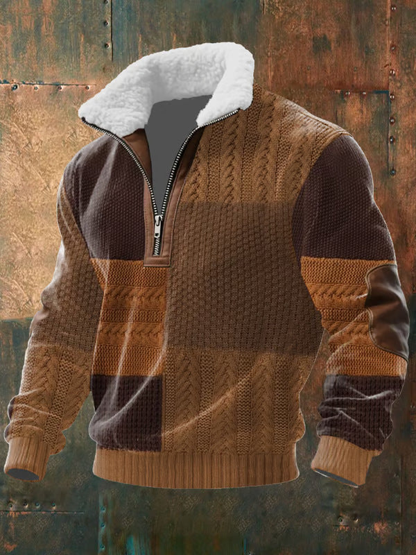 Warm Men's Zip-Up Knit Sweater with Fur Collar