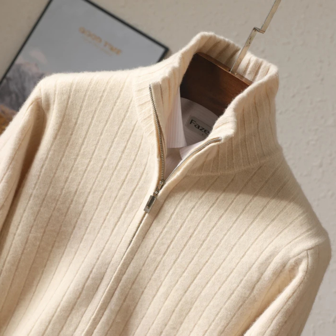 Men's Merino Wool Cardigan with Stand Collar and Zipper
