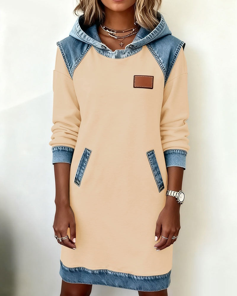 Women's Casual Hoodie Dress with Denim Inserts