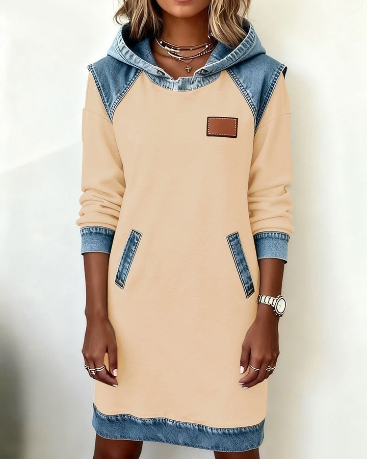 Women's Casual Hoodie Dress with Denim Inserts