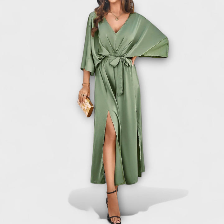 Elegant Women's Maxi Dress with V-Neck and Belt - Champagne