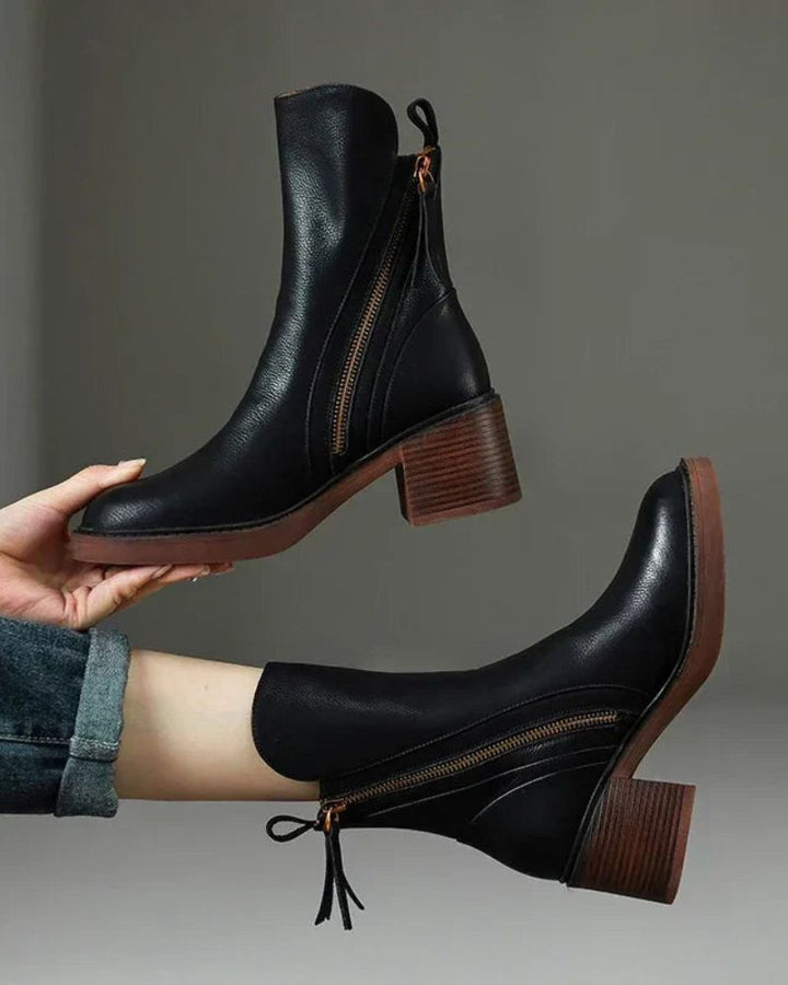 Elegant Women's Leather Ankle Boots with Block Heel - Comfortable Ankle Boots