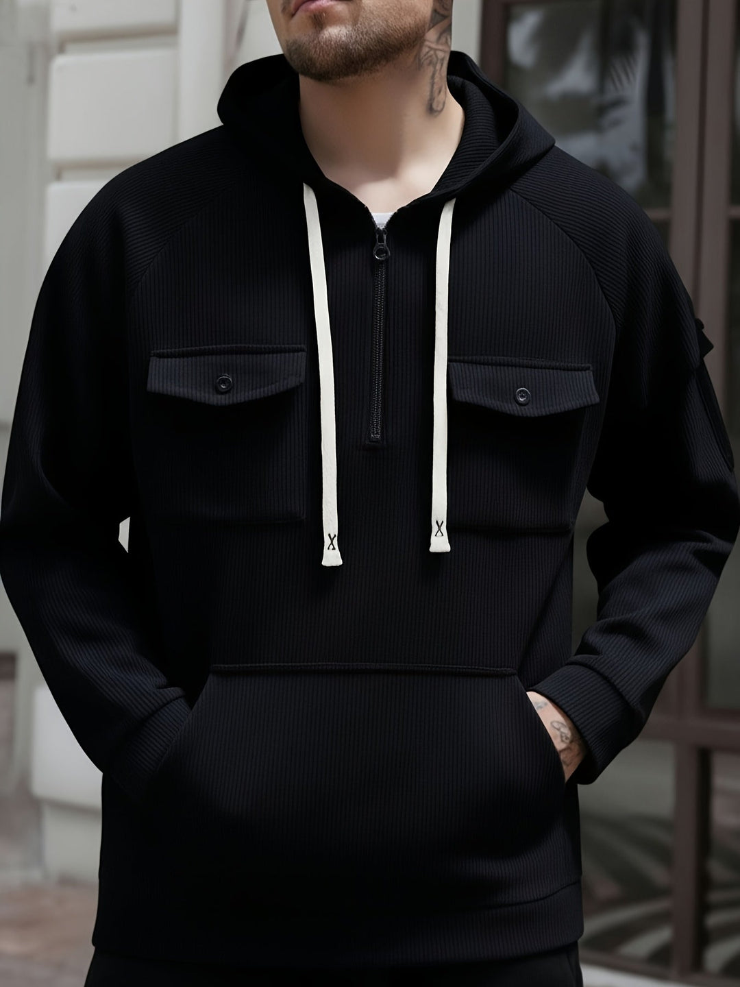Men's Quarter-Zip Hoodie with Chest Pockets