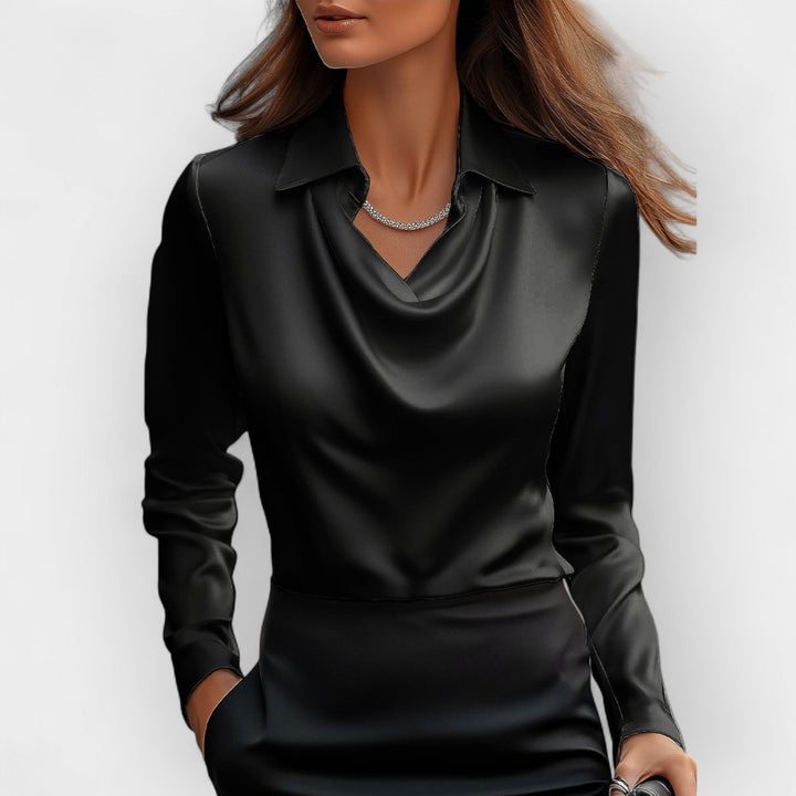 Elegant Women's Satin Blouse with Waterfall Collar - Refined Blouse for Business and Special Occasions