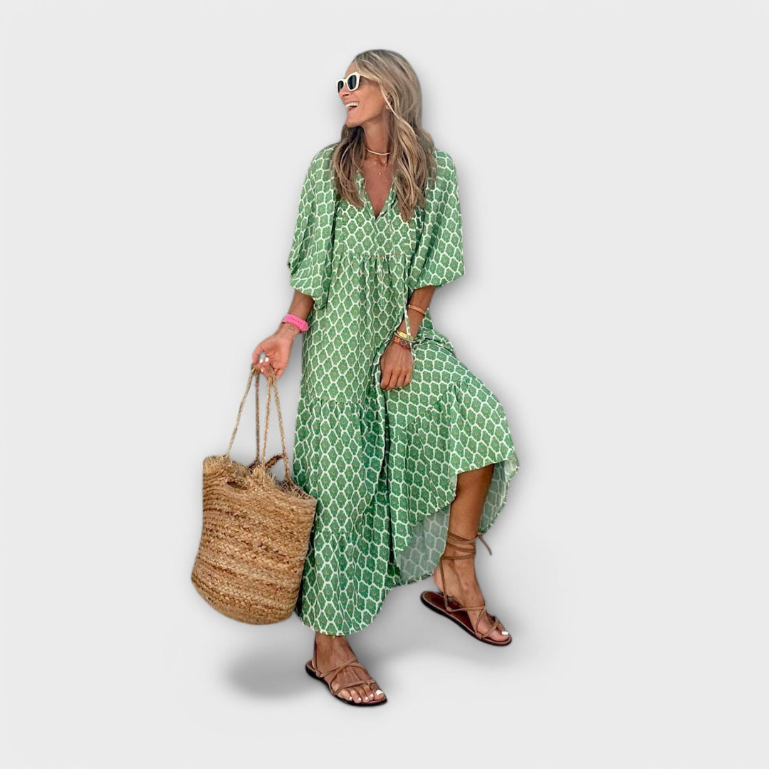 Elegant Women's Maxi Dress with Geometric Pattern - Relaxed Fit with V-Neckline