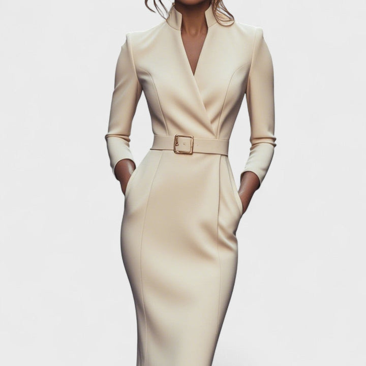 Elegant Women's Dress with Belt and Stand Collar