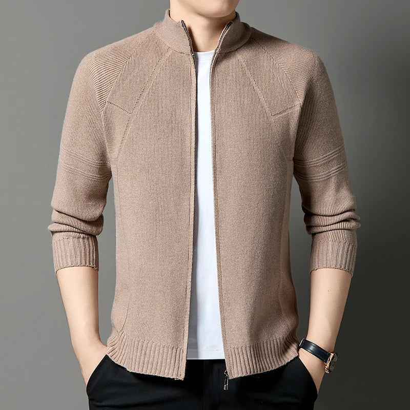 Men's Knitted Cardigan with Stand Collar - Full Zip and Wool Blend