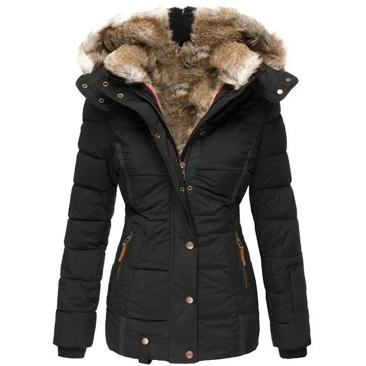 Women's Winter Jacket with Faux Fur Hood - Warm Quilted Jacket Fitted