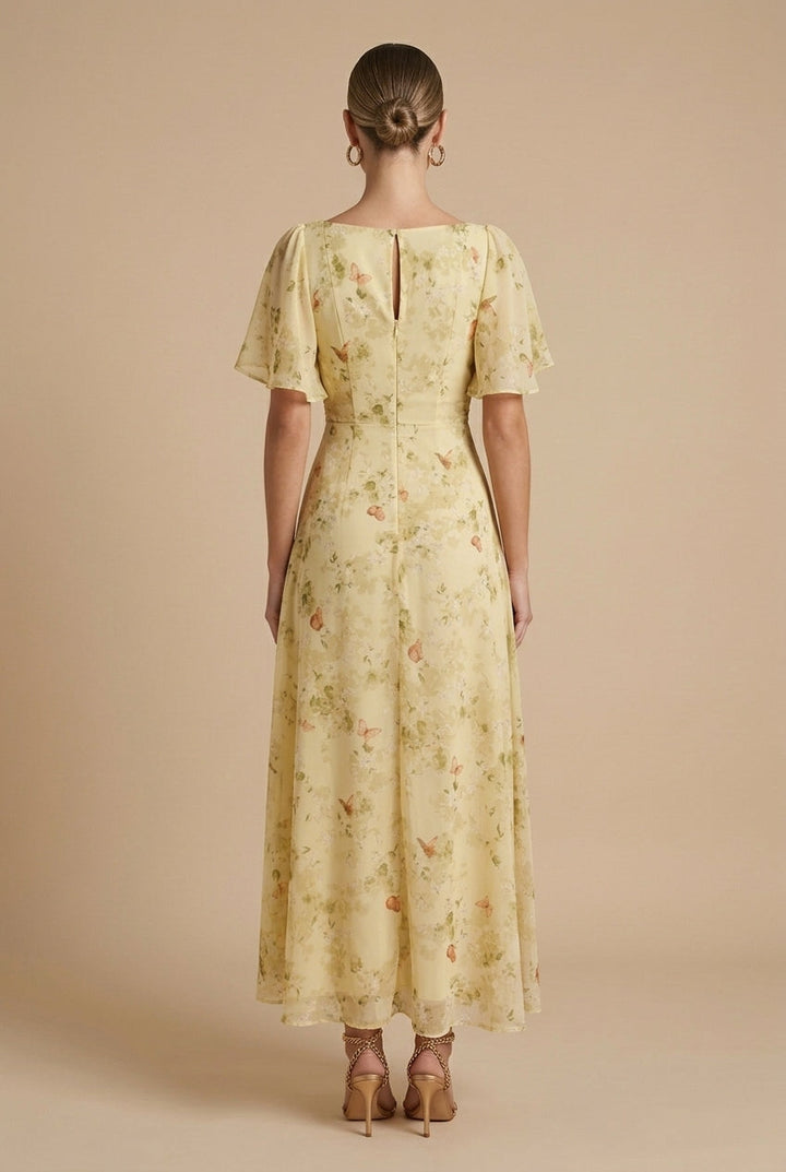 Elegant Floral Women's Maxi Dress with Puff Sleeves