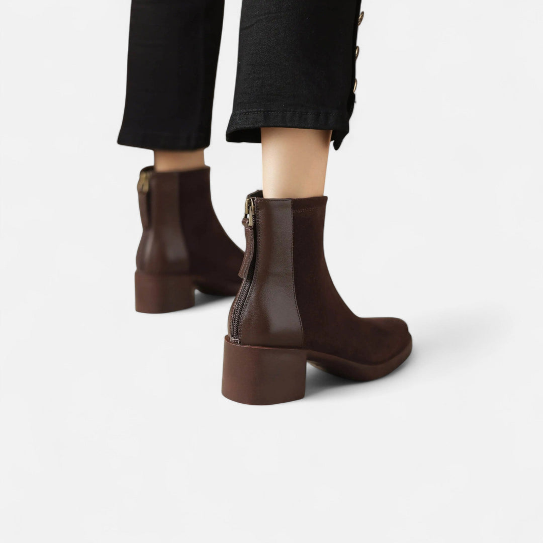 Women's Suede Ankle Boots with Square Toe and Mid Heel