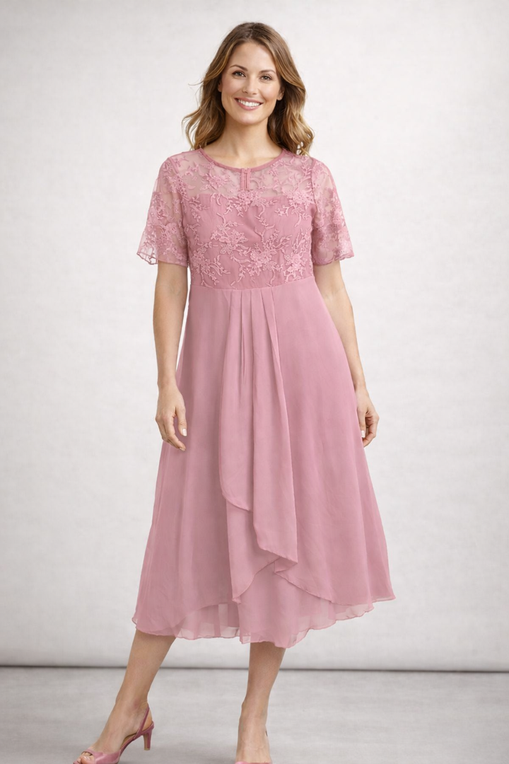 Elegant Lace & Chiffon Short Sleeve Women's Midi Dress