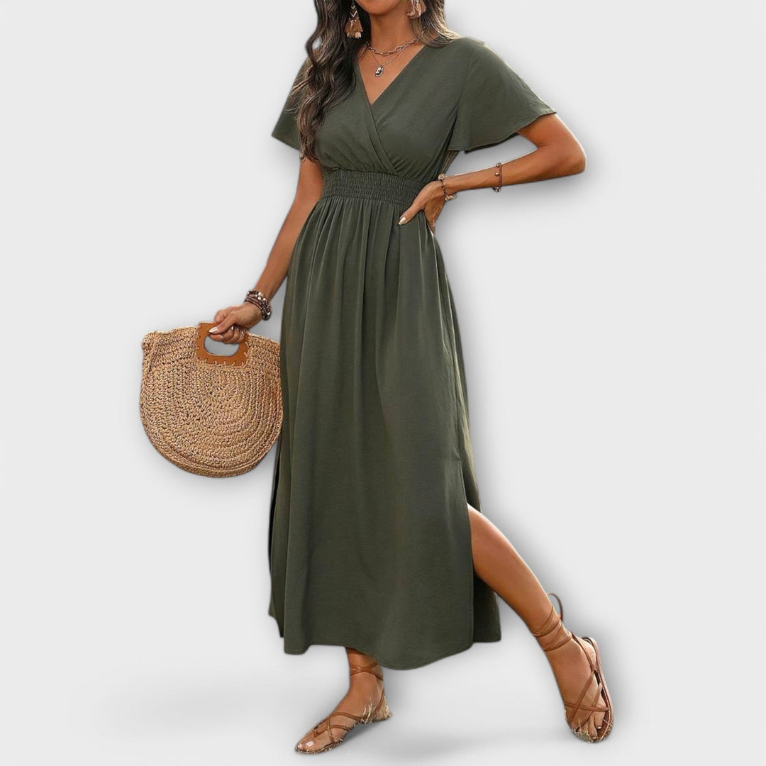 Elegant Women's Boho Dress with V-Neck and Long Sleeves