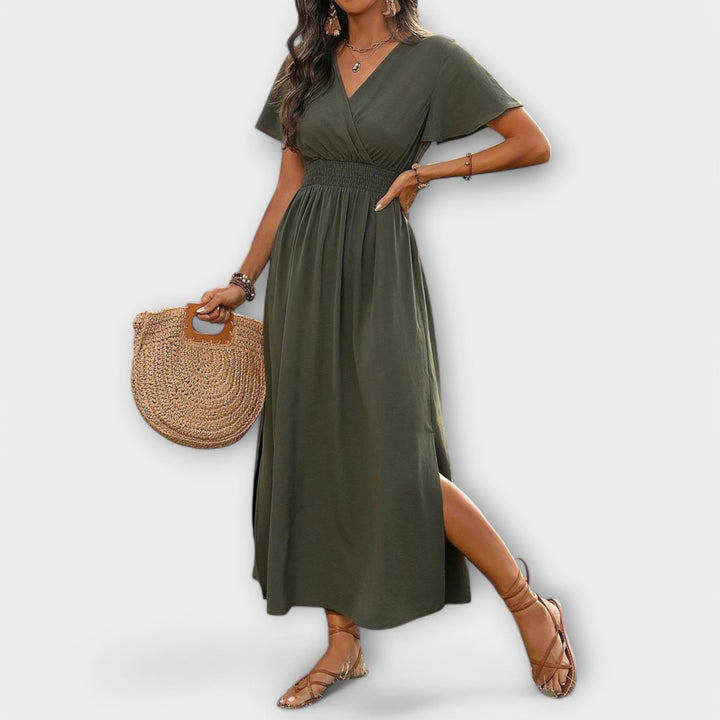 Elegant Women's Boho Dress with V-Neck and Long Sleeves