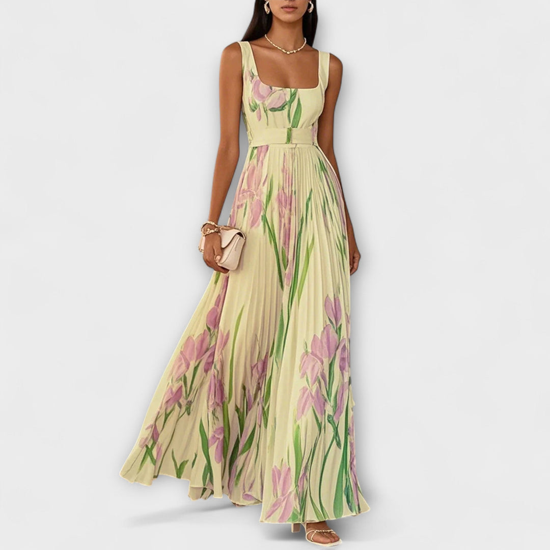 Elegant Women's Floral Chiffon Maxi Dress with A-Line Silhouette