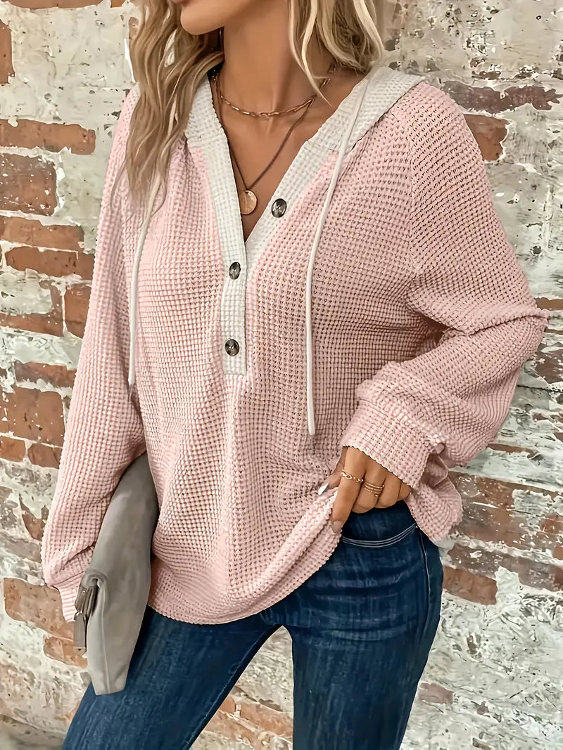 Women's Long Sleeve Hoodie with Front Buttons - Soft Waffle Knit Texture and Adjustable Hood