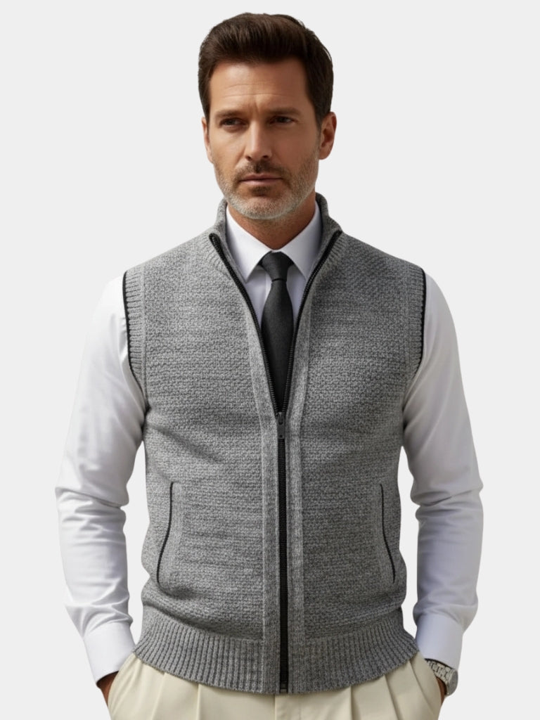 Elegant Men's Zip-Up Sweater Vest with Emblem - Knit Vest