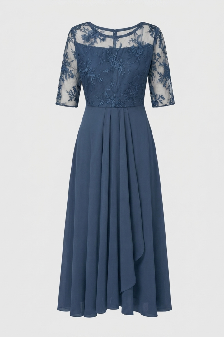 Elegant Festive Women's Chiffon Maxi Dress with Lace Bodice and 3/4 Sleeves