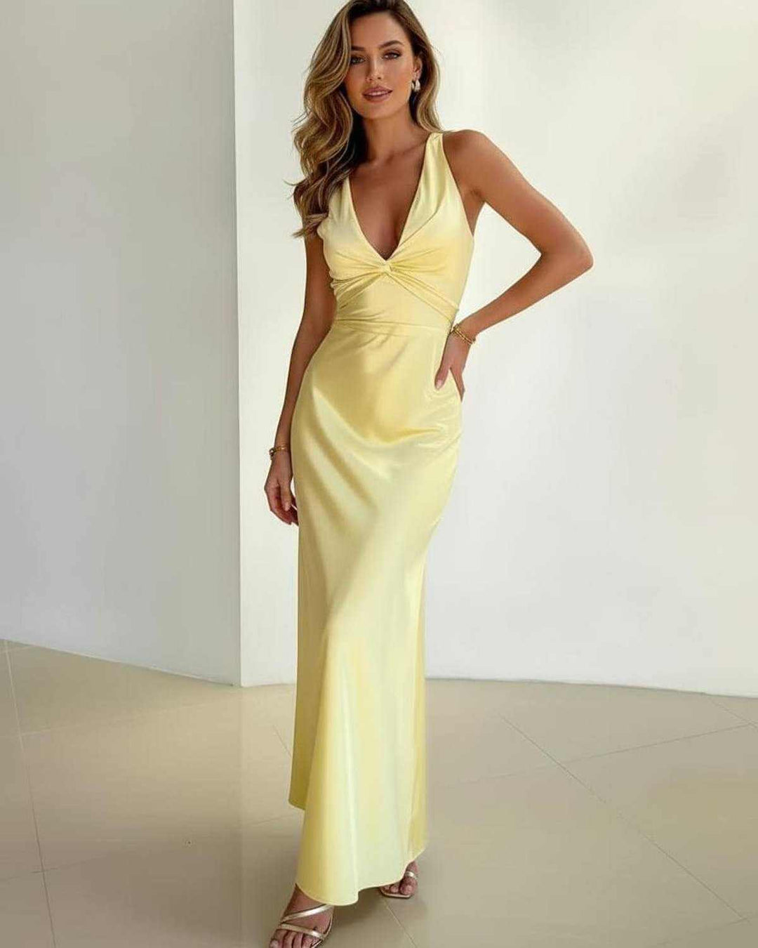Elegant Satin Women's Maxi Dress – Sleeveless V-Neck A-Line in Vibrant Yellow