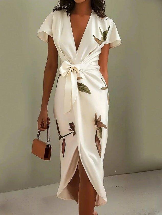 Damen Blumen Wickel Midi Kleid V-Ausschnitt