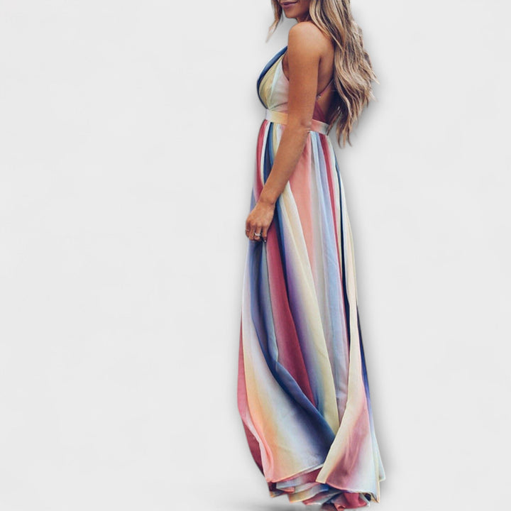 Multicolor Striped Women's Maxi Dress with V-Neck - Elegant Summer Dress