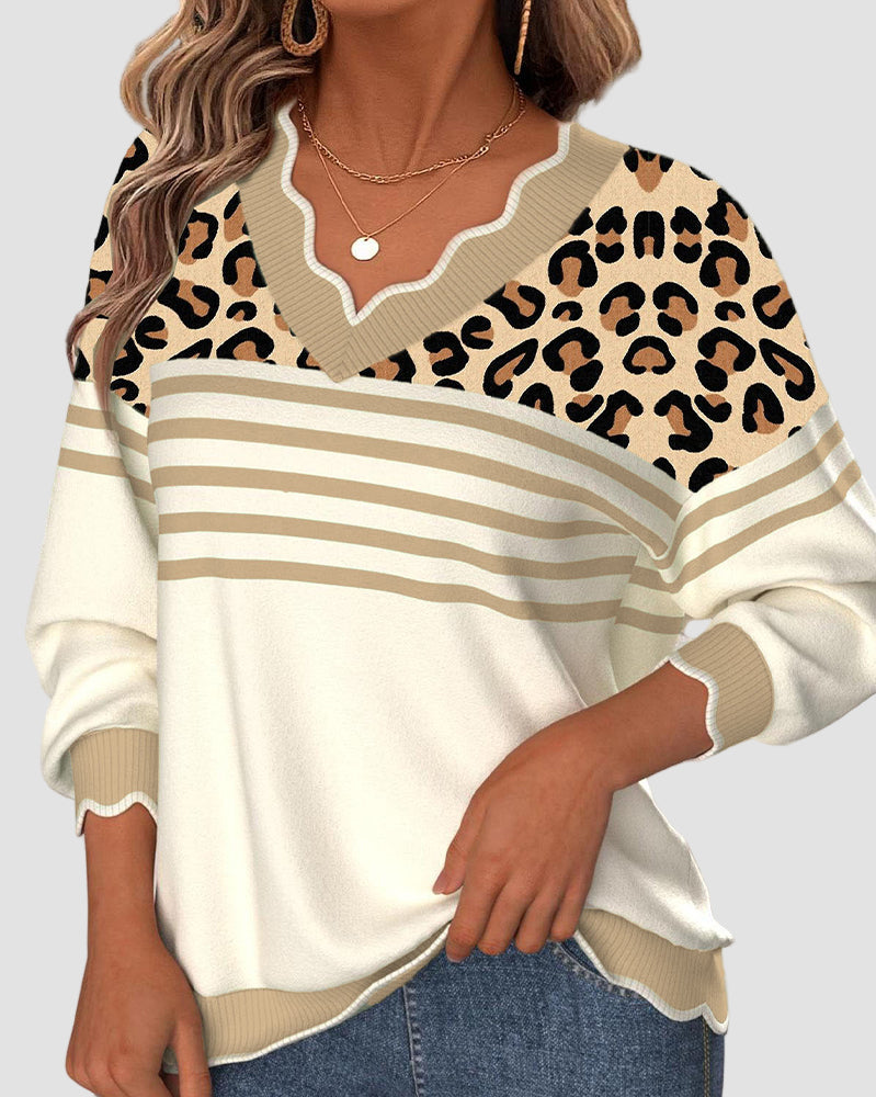 Women's V-Neck Sweater with Leopard Print and Stripe Contrast