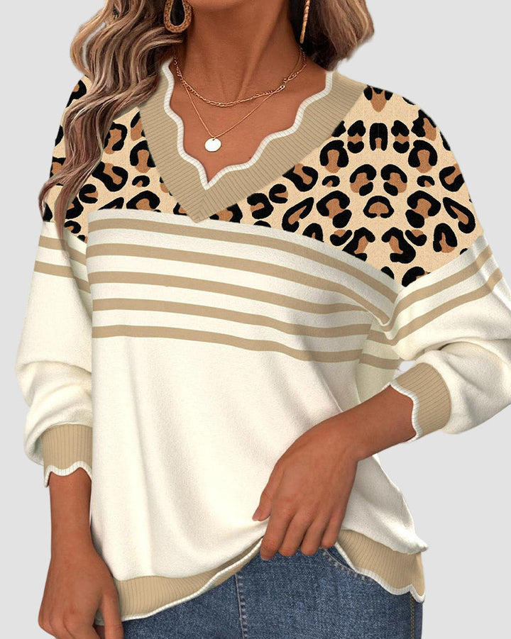 Women's V-Neck Sweater with Leopard Print and Stripe Contrast