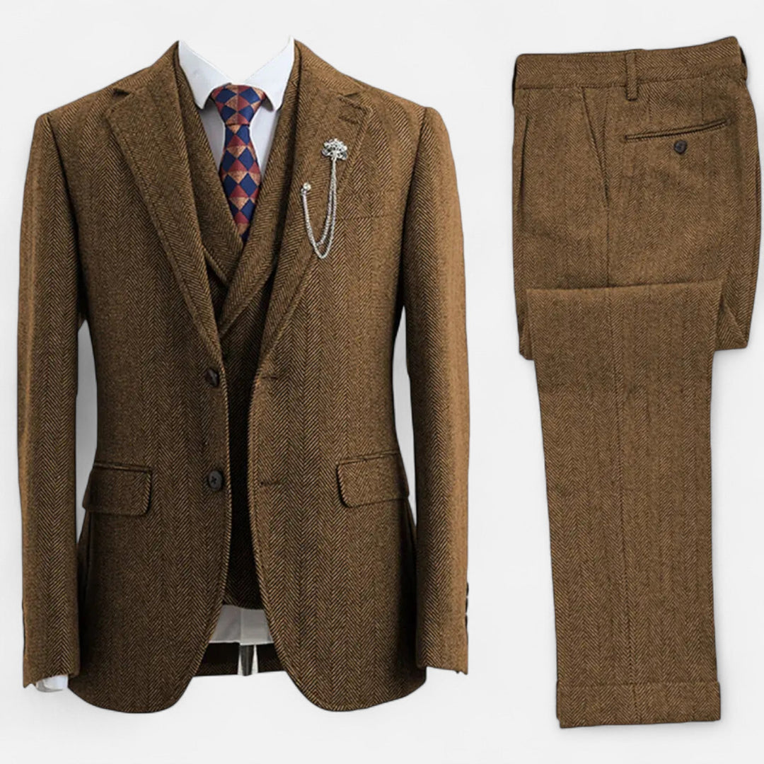 Elegant Tweed Herringbone Men's Suit Three-Piece Double-Breasted