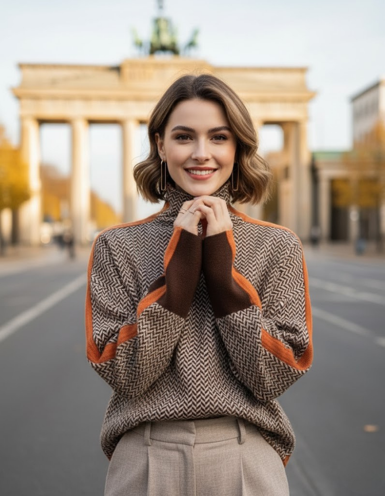Women's Turtleneck Sweater with Geometric Pattern - Elegant Knit Pullover