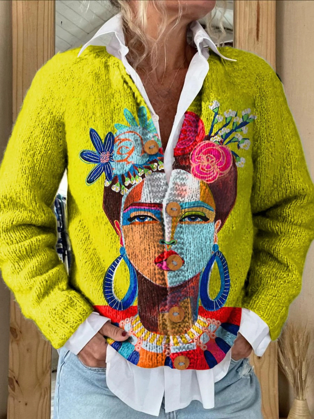 Artistic Women's Knit Cardigan with Portrait Print - Button-Front Cardigan