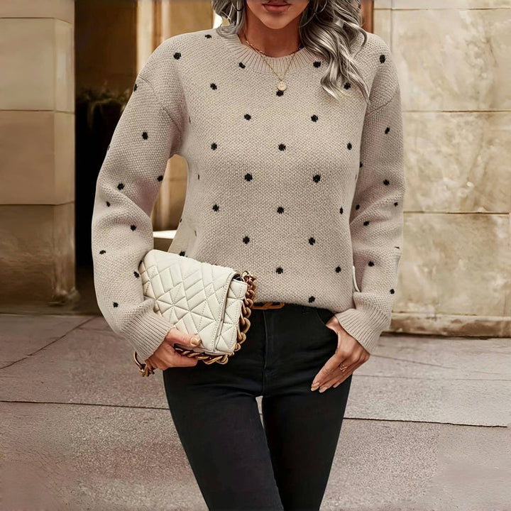 Women's Polka Dot Knit Sweater with Round Neckline