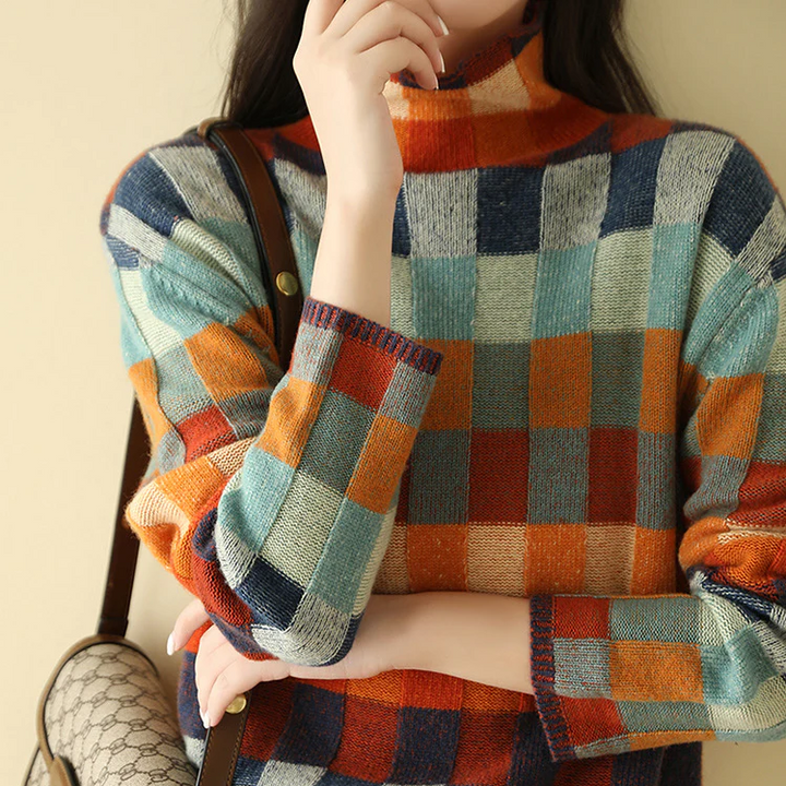 Women's Knit Sweater with Multicolor Plaid Pattern - Oversized Fit