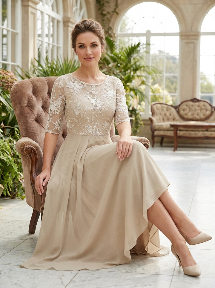 Elegant Festive Women's Chiffon Maxi Dress with Lace Bodice and 3/4 Sleeves