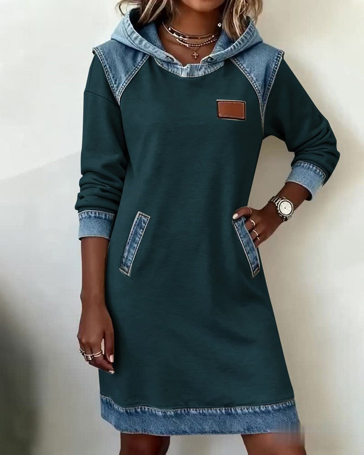 Women's Casual Hoodie Dress with Denim Inserts