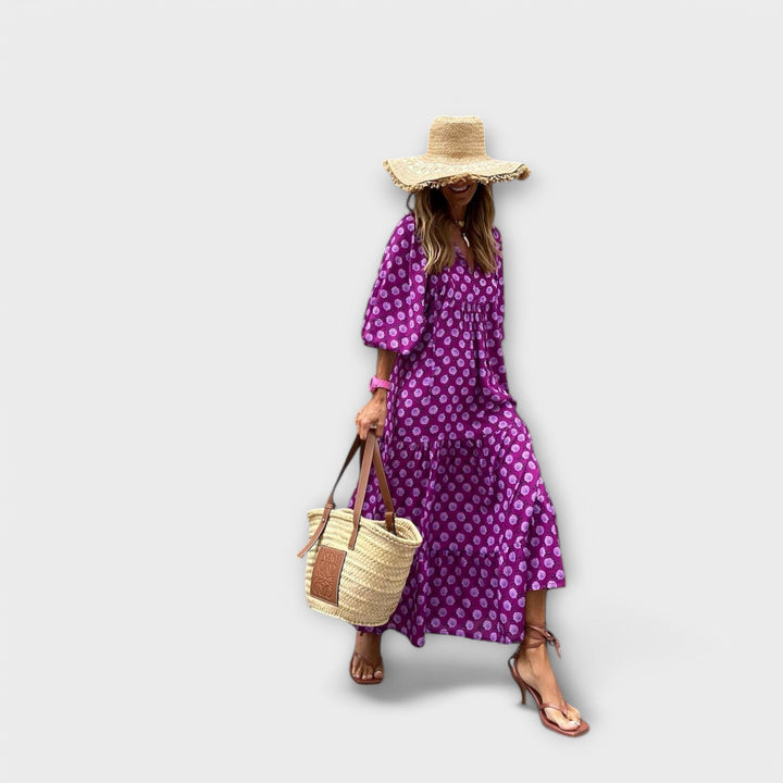 Elegant Women's Maxi Dress with Geometric Pattern - Relaxed Fit with V-Neckline