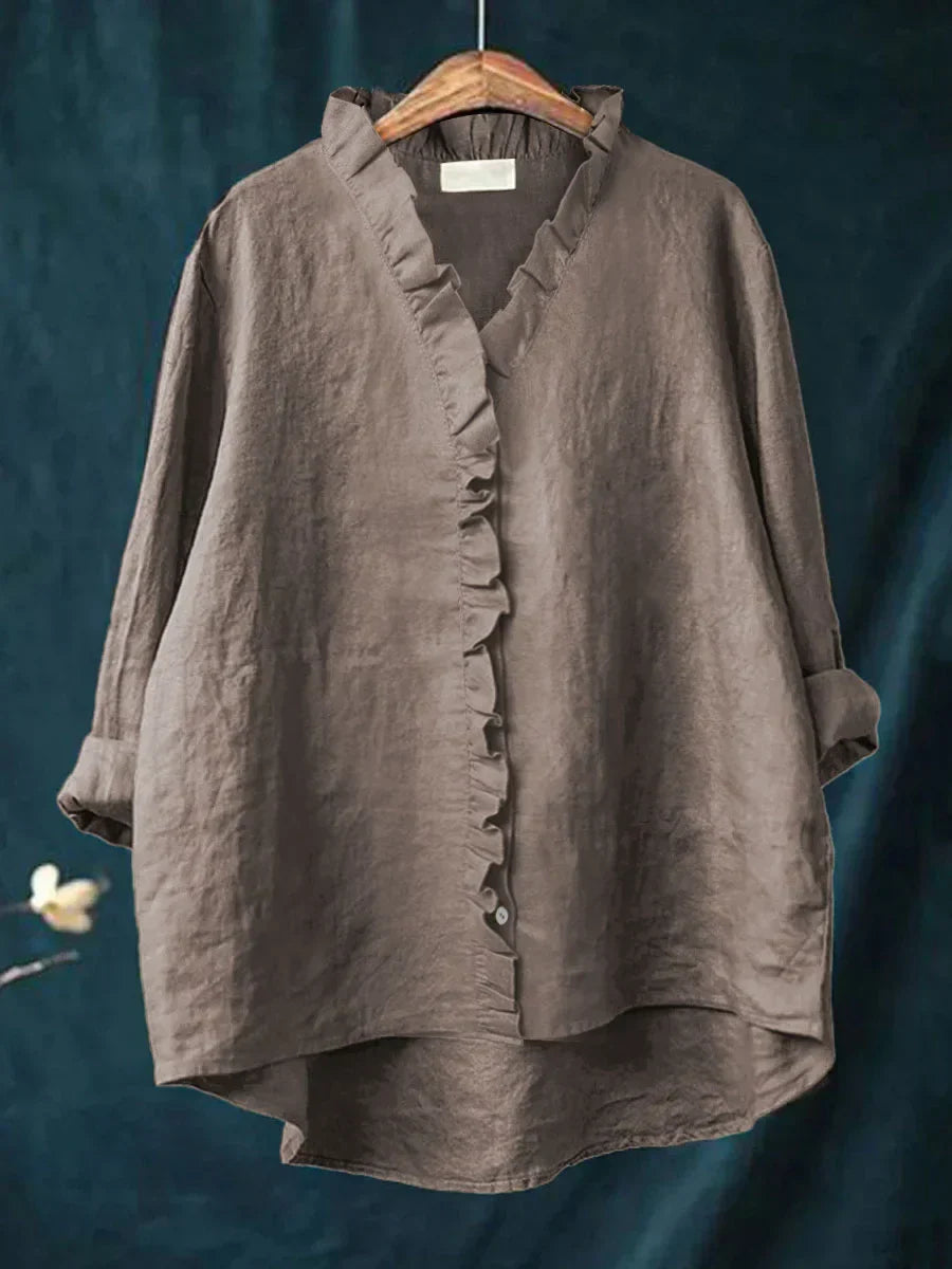 Casual Cotton-Linen Women's Ruffle Shirt