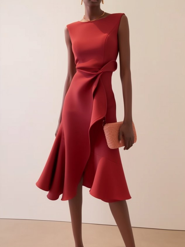 Elegant Draped Asymmetrical Women's Midi Dress