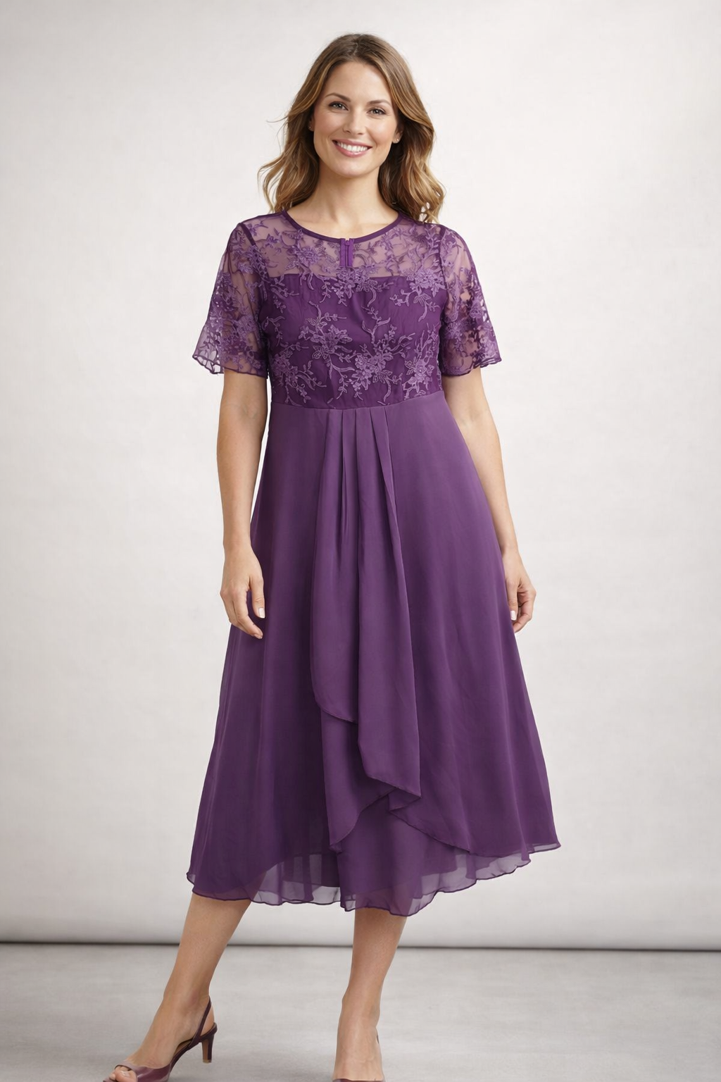 Elegant Lace & Chiffon Short Sleeve Women's Midi Dress