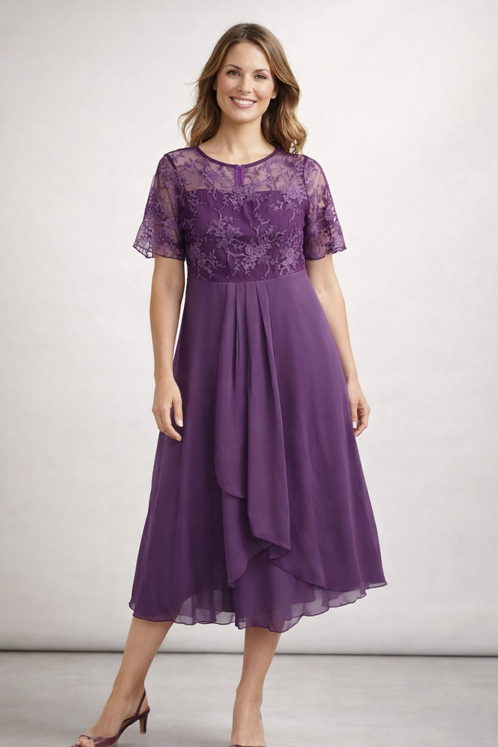 Elegant Lace & Chiffon Short Sleeve Women's Midi Dress