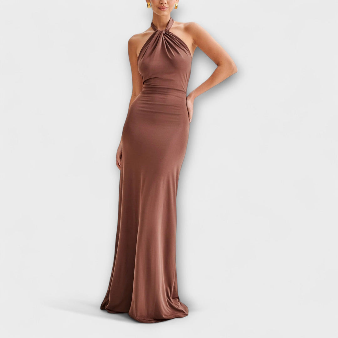 Elegant Women's Halterneck Maxi Dress - Bodycon with Deep Open Back