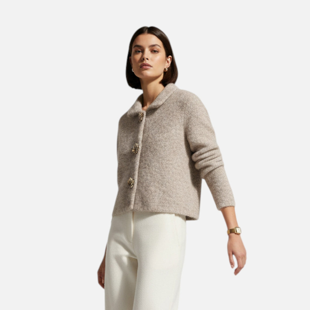 Elegant Knit Cardigan with Floral Buttons for Women