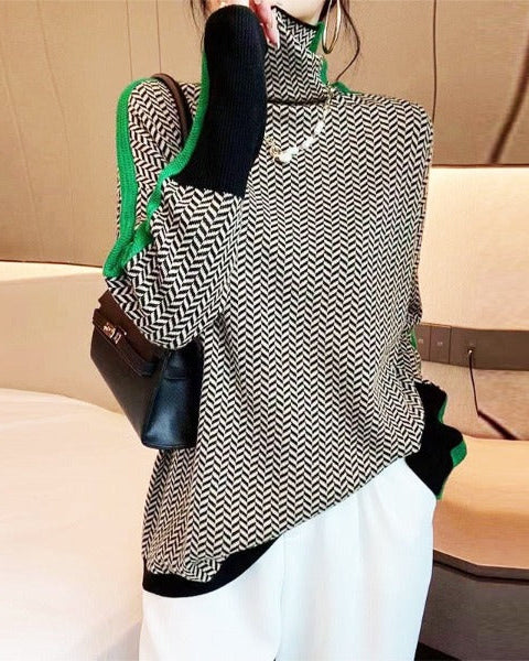Women's Turtleneck Sweater with Geometric Pattern - Elegant Knit Pullover