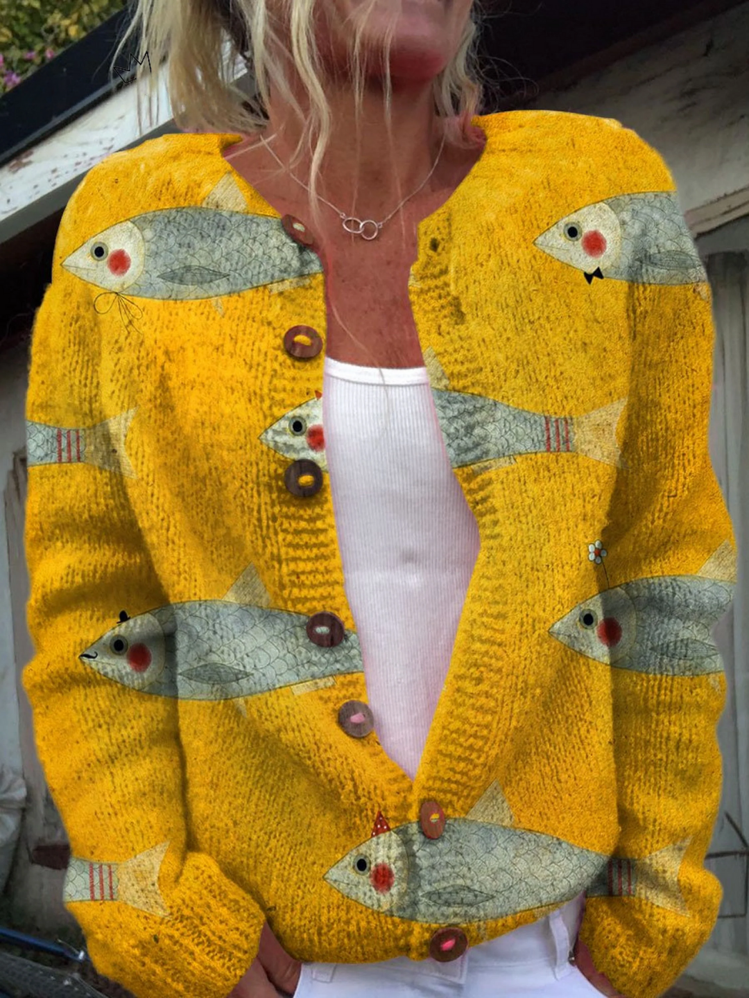 Retro Women's Cardigan with Fish Art Print - Vintage Knit Cardigan with Button Front