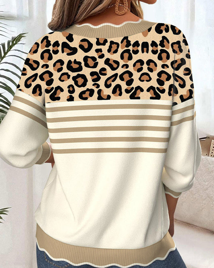 Women's V-Neck Sweater with Leopard Print and Stripe Contrast