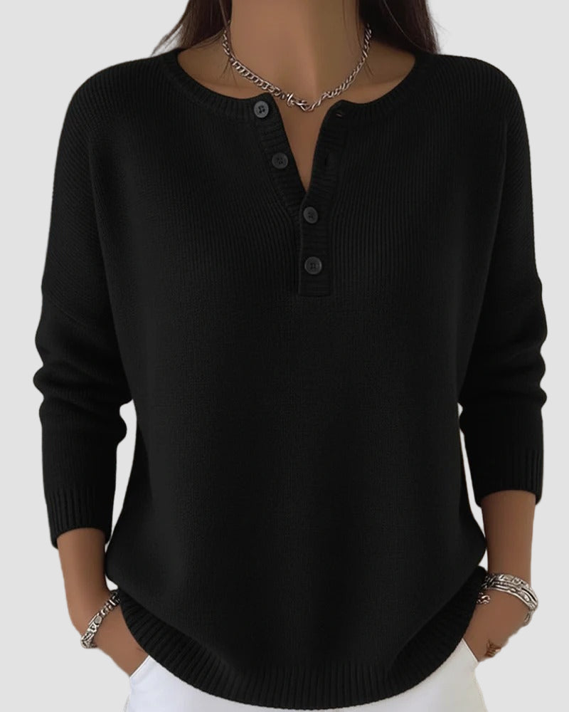 Women's Henley Knit Sweater with Button Placket - Timeless Comfort for Fall and Winter