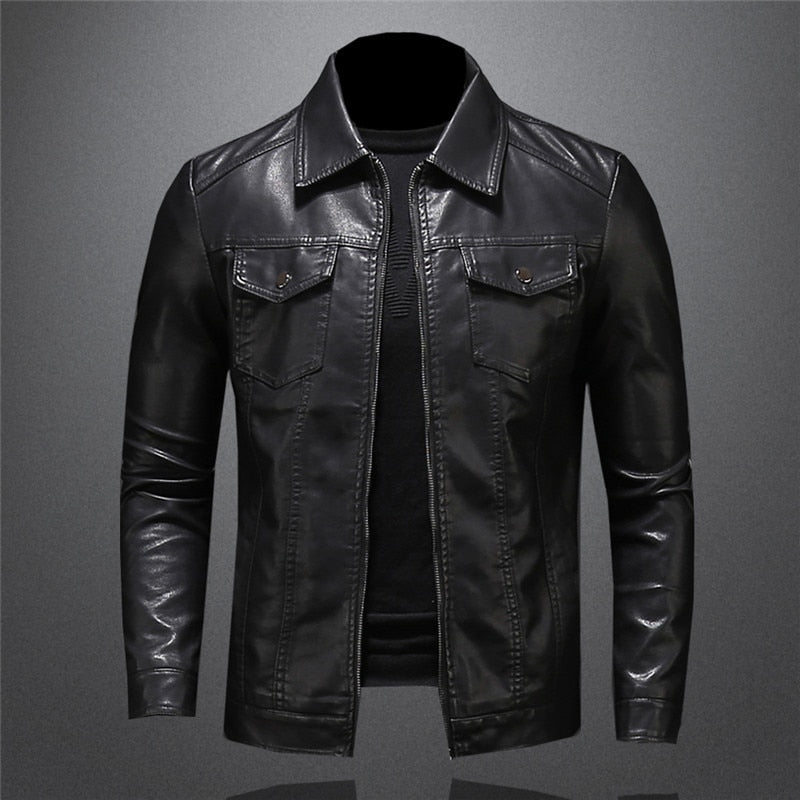 Classic Men's Leather Jacket with Zipper