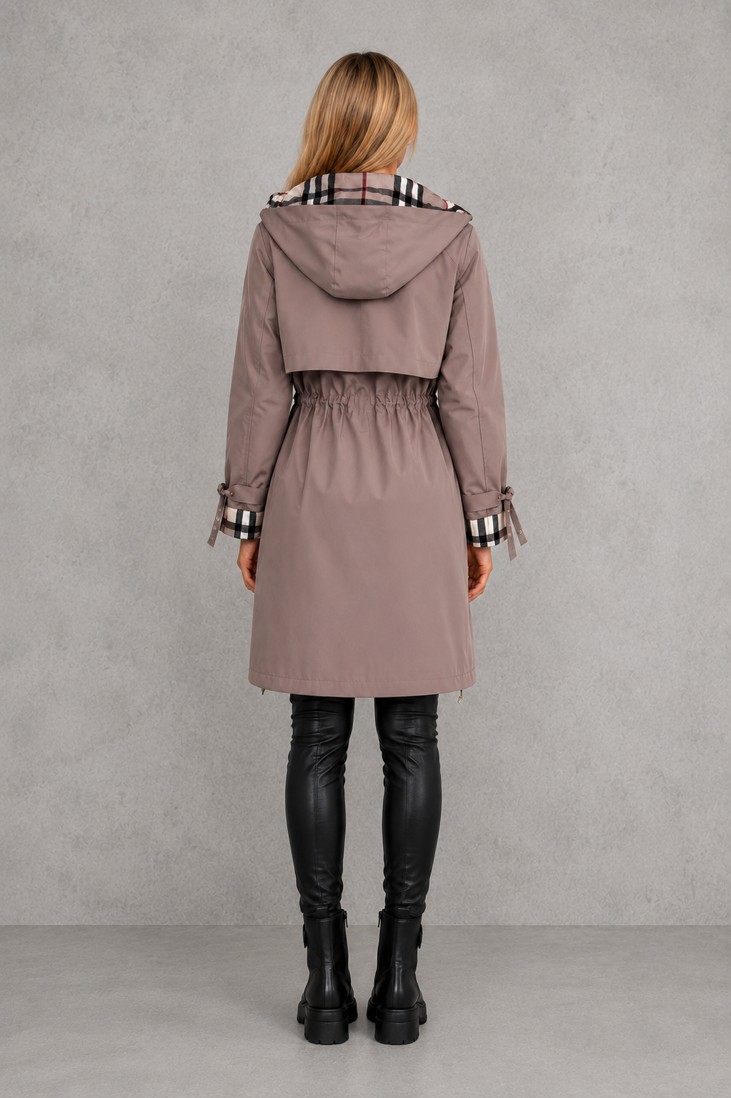 Waterproof Hooded Women's Jacket with Check Trim